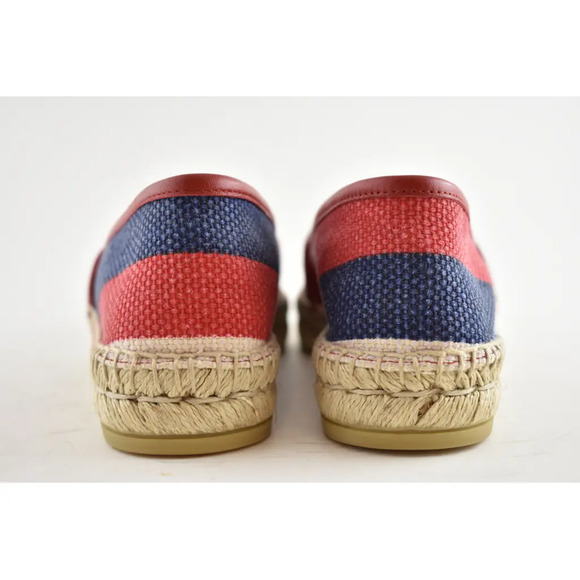 Gucci Sylvie Canvas Leather Red White Blue Logo Stripe Flat Espadrille 34.5 - Picture 10 of 11